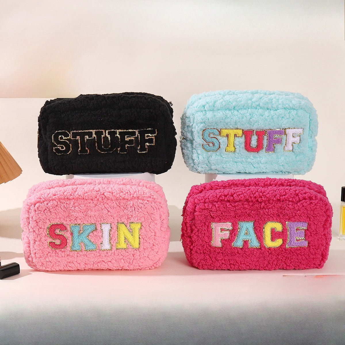 Plush Chenille Embroidered Letter Cosmetic Bag
