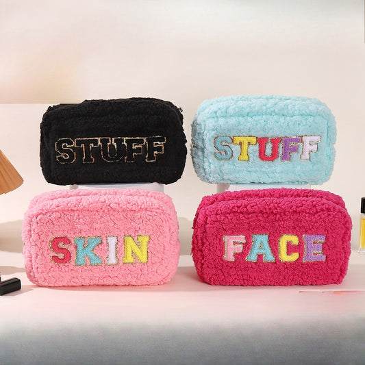 Plush Chenille Embroidered Letter Cosmetic Bag