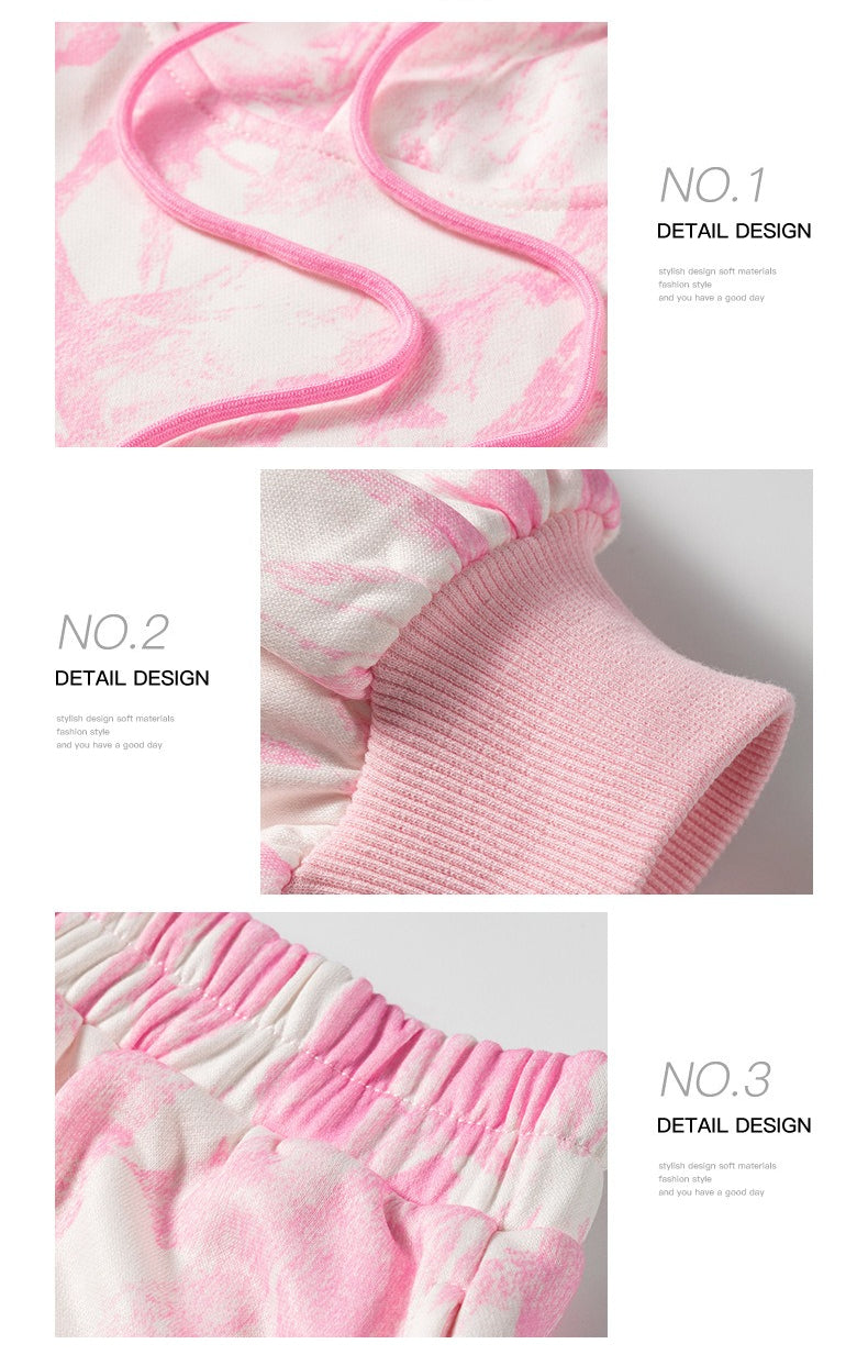 Pink Abstract Print Loose Hoodie Slim Shorts 2pcs Set