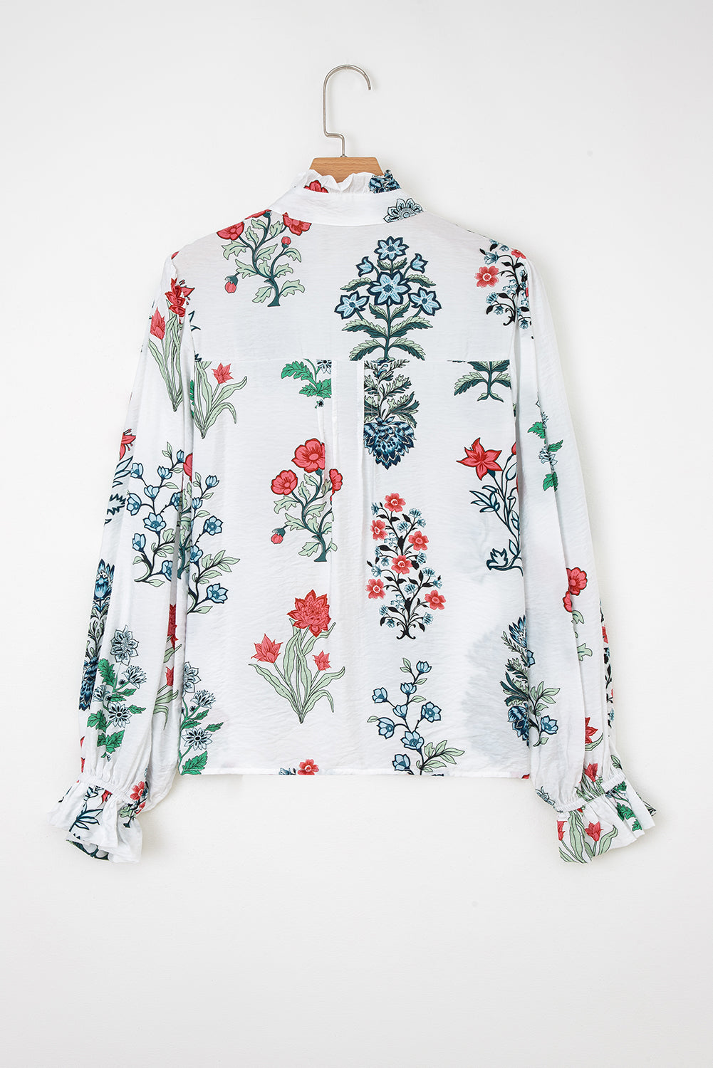 Floral Print Frilled Collar V Neck Button Down Long Sleeve Shirt