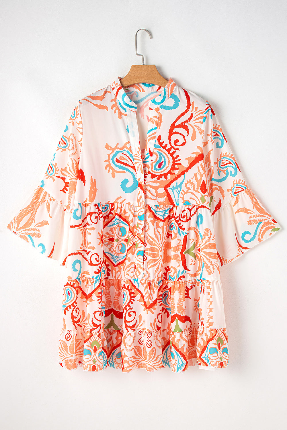Tribal Print Bracelet Sleeve Buttoned Mini Dress