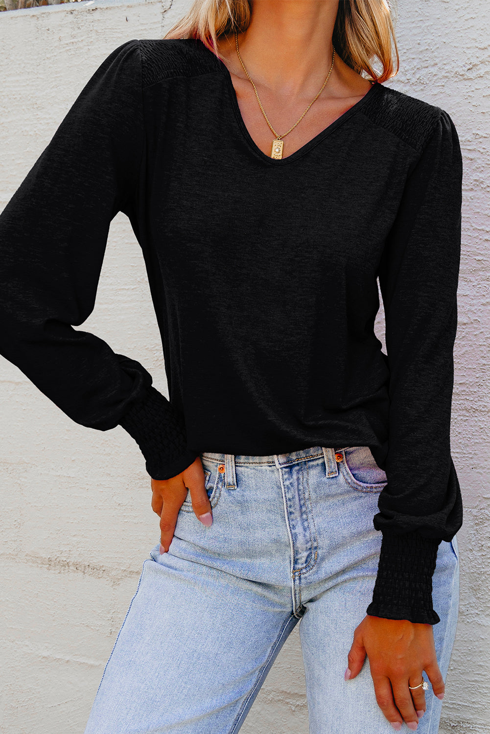 Shirred Shoulder Frilled Cuffs Long Sleeve Top