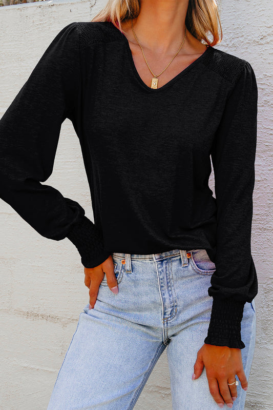 Shirred Shoulder Frilled Cuffs Long Sleeve Top
