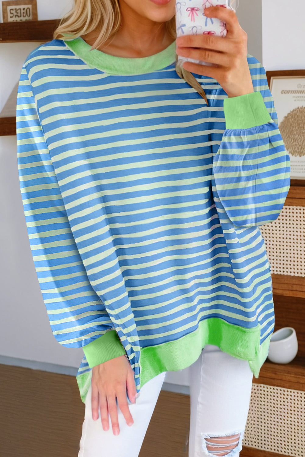 Stripe Contrast Trim Pullover Tunic Sweatshirt