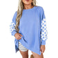Sky Blue Polka Dot Patchwork Sleeve Crew Neck Loose Pullover Sweatshirt