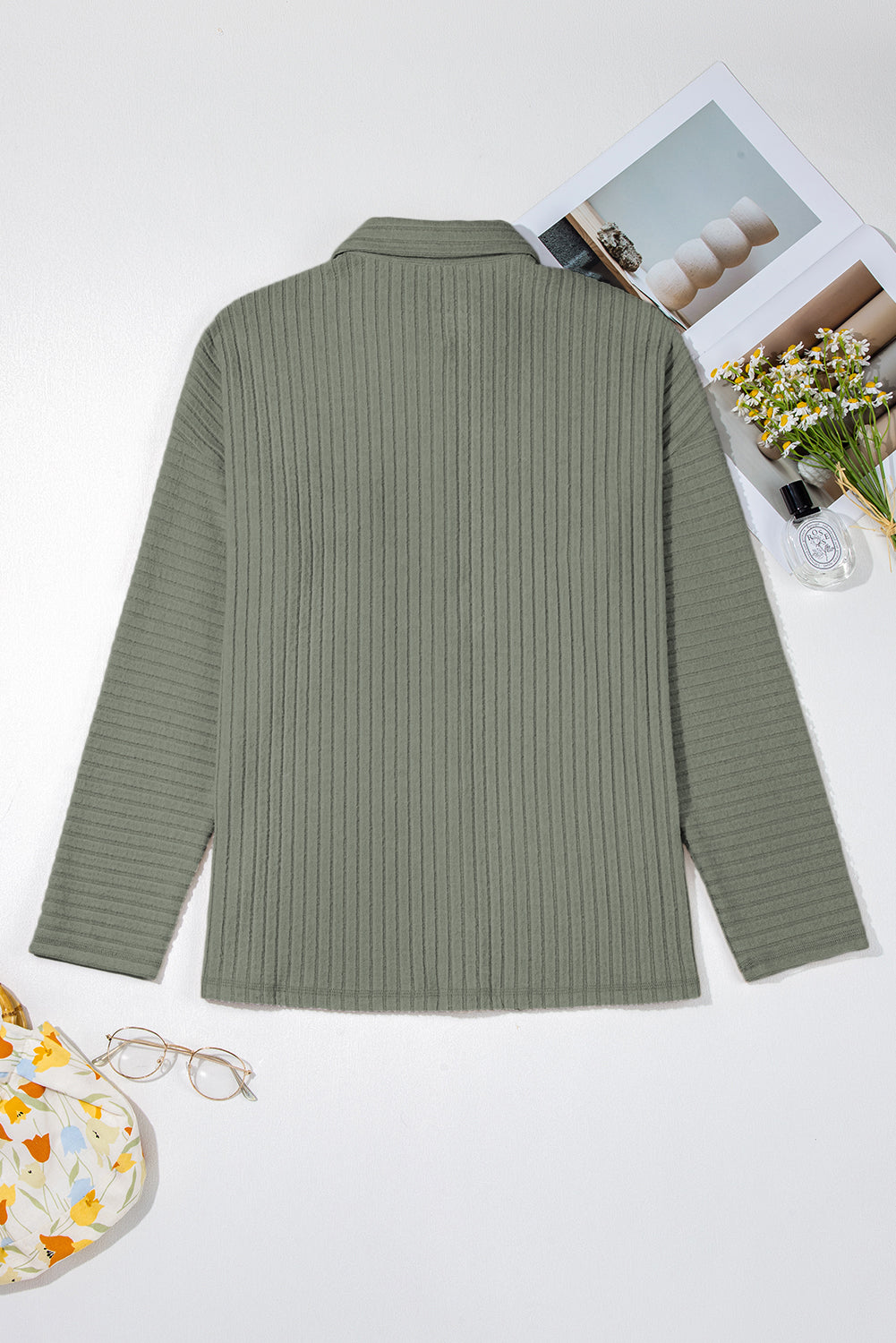 Thermal Ribbed Texture Drop Shoulder Button Up Shacket