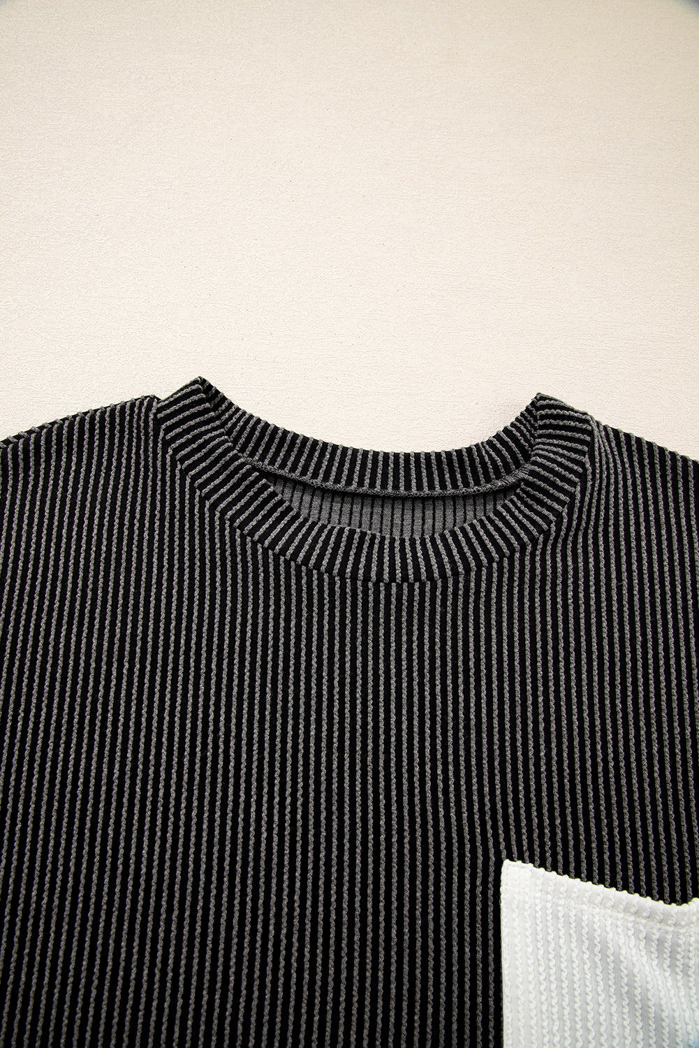 Corded Knit Color Block Pocketed Crew Neck T Shirt