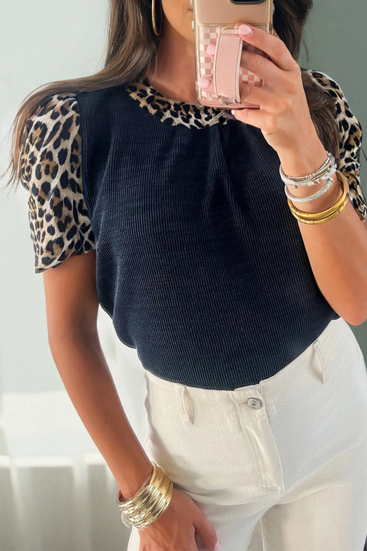 Contrast Leopard Patchwork Short Sleeve Top