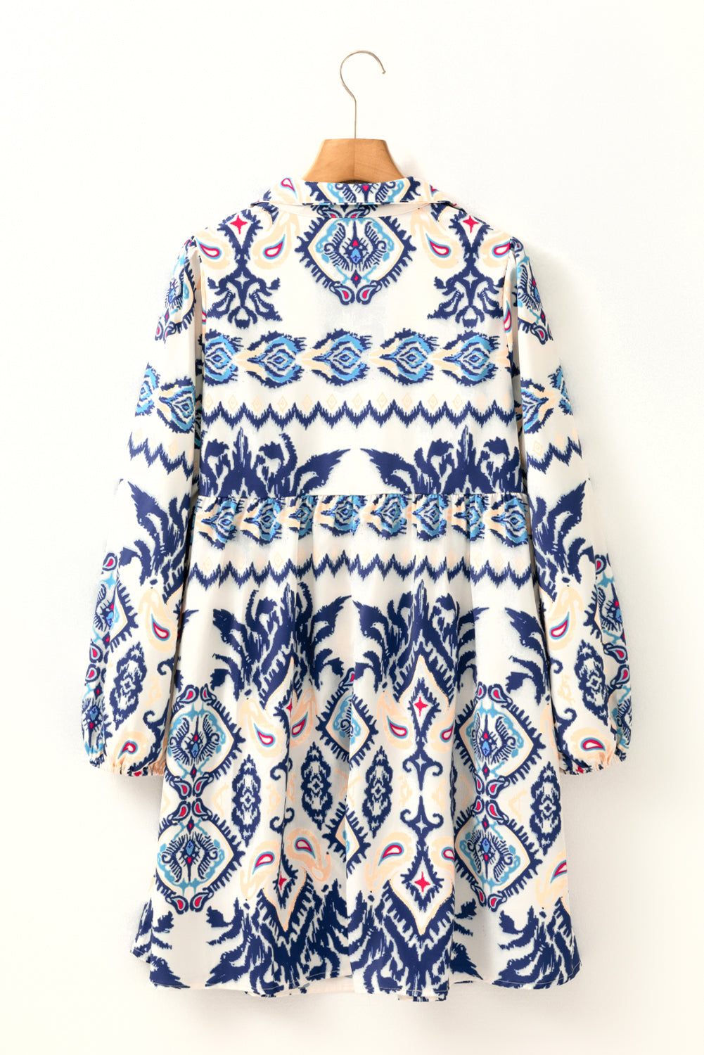 Ethnic Print Striped Split Neck Long Sleeve Flowy Mini Dress