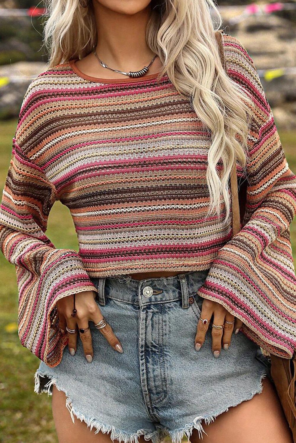 Striped Wide Sleeve Cropped Top