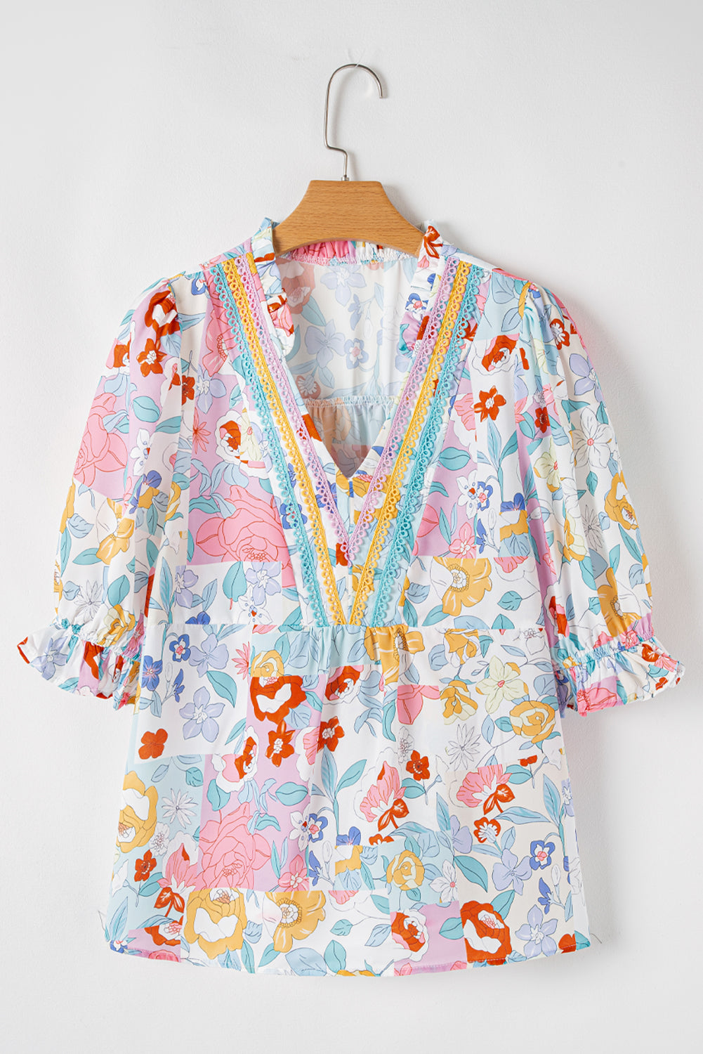 Boho Flower Print Half Puff Sleeve Blouse