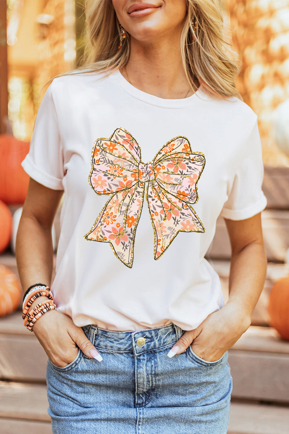 Glitter Trim Floral Bow Print Cotton Blend T Shirt