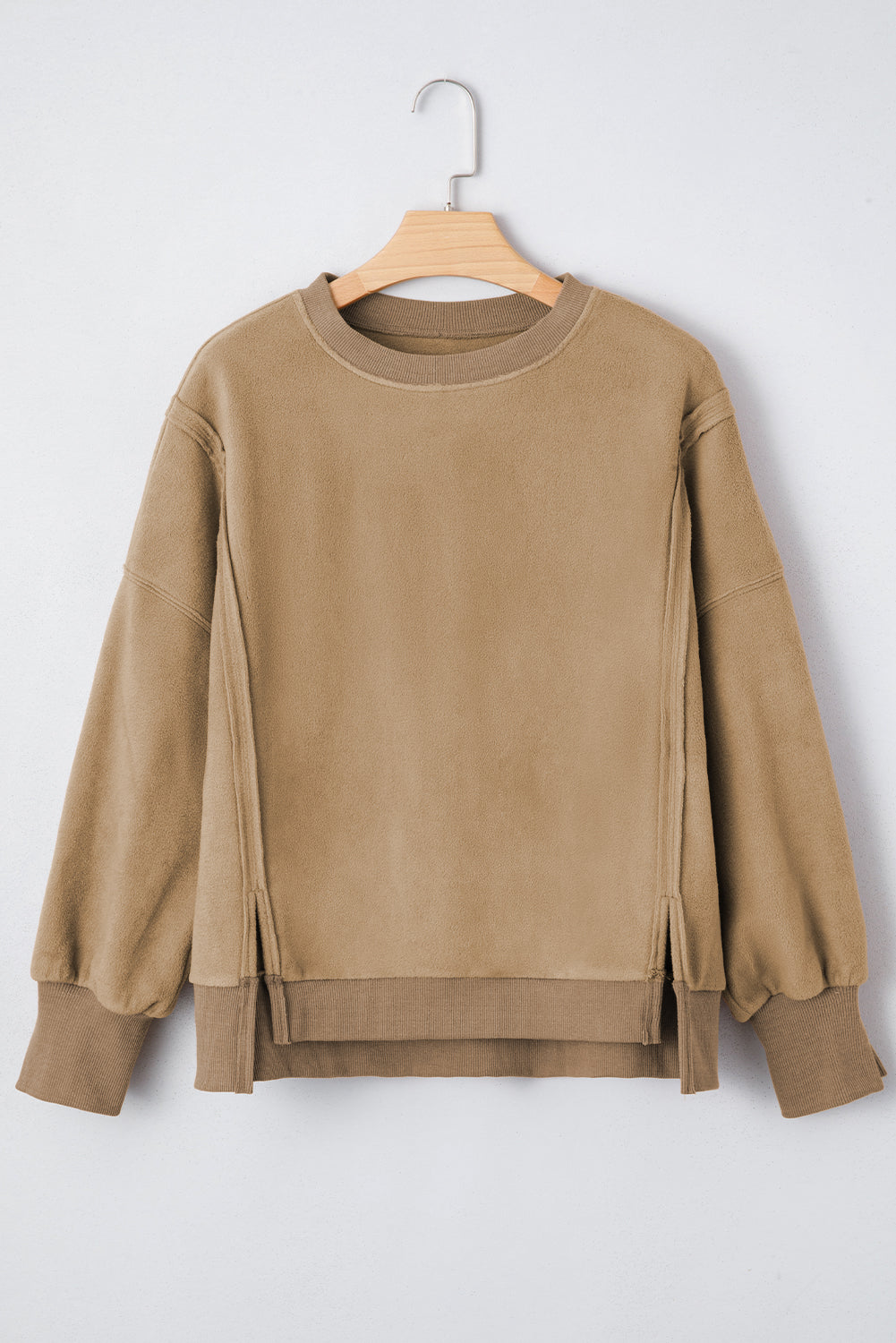Fuzzy Sherpa Splicing Pullover Sweatshirt with Side Slit