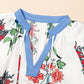 Floral Print Contrast V Neck Tassel Tie Lace Detail Short Sleeve Blouse