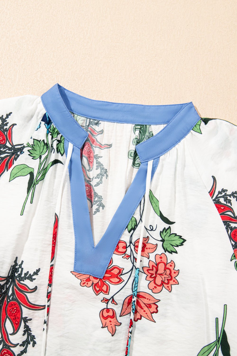 Floral Print Contrast V Neck Tassel Tie Lace Detail Short Sleeve Blouse