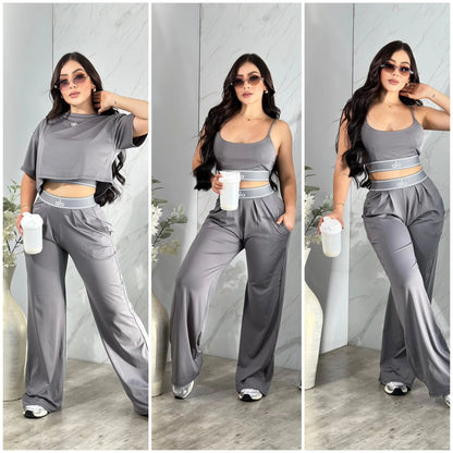A-Three-piece set: cover-up+camisole+wide-leg trousers(Q6387)