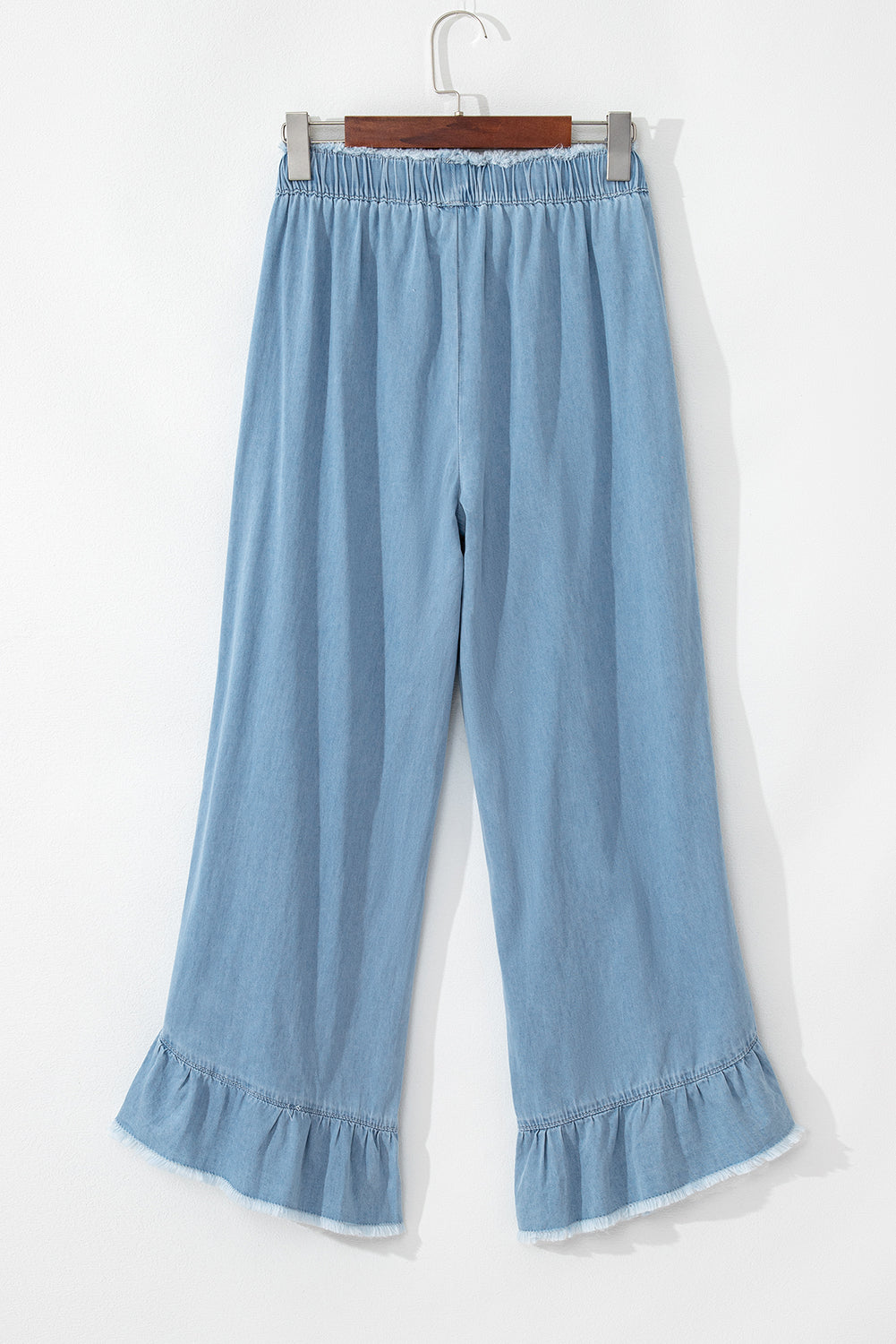 Light Wash Raw Hem Ruffled Wide Leg Jeans