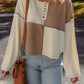 Color Block Waffle Knit Stitch Detail Long Sleeve Top