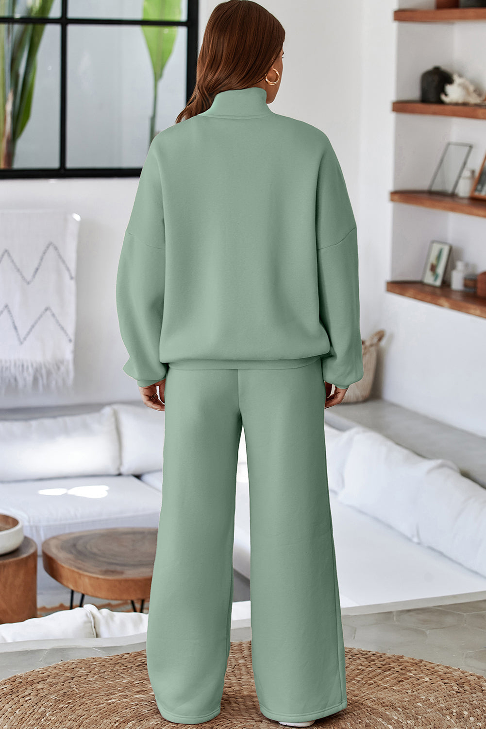 Drop Shoulder Zip Up Jacket Drawstring Pants Active 2pcs Set