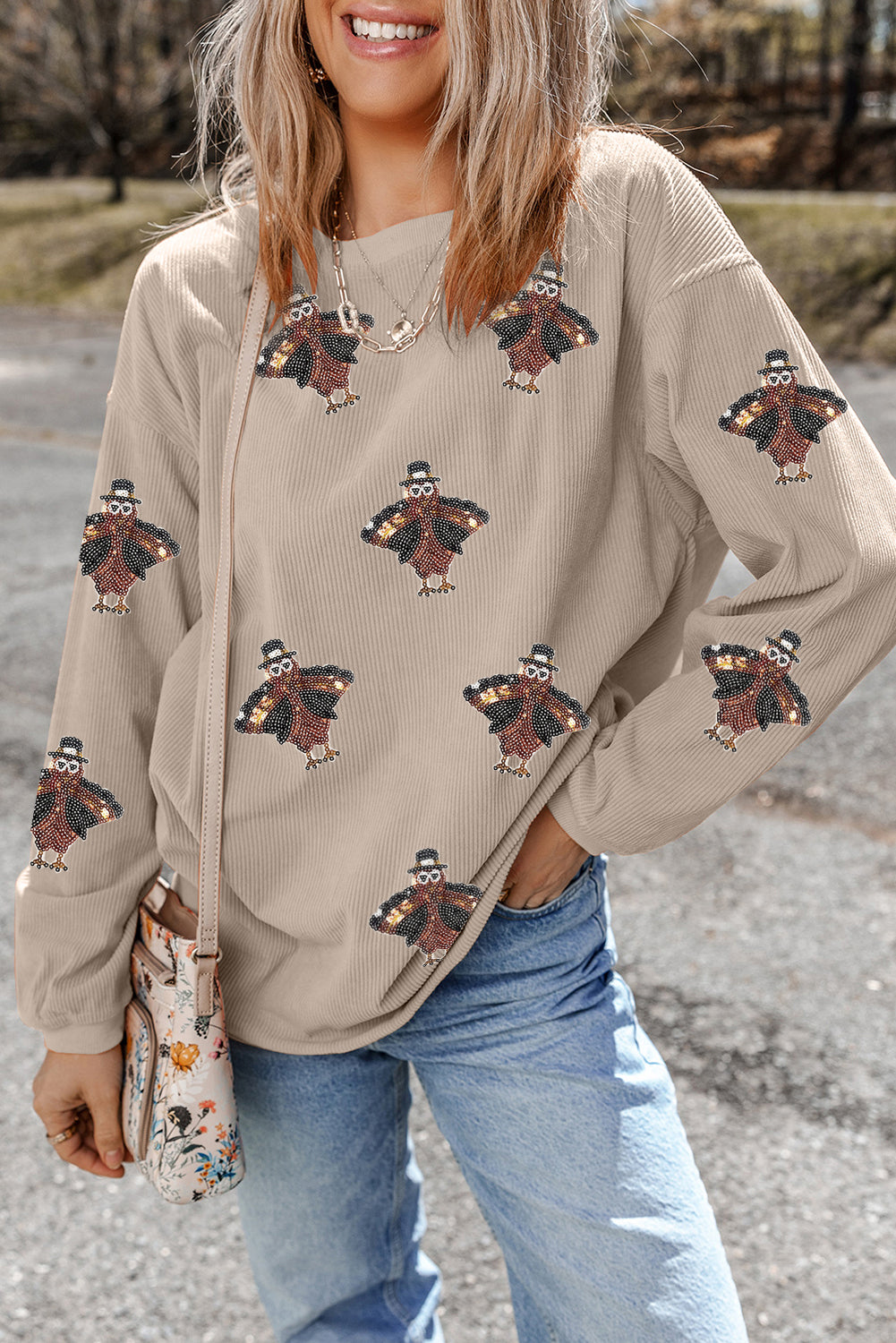 Twisted Ribbed Sequined Thanksgiving Turkey Graphic Baggy Sweatshirt
