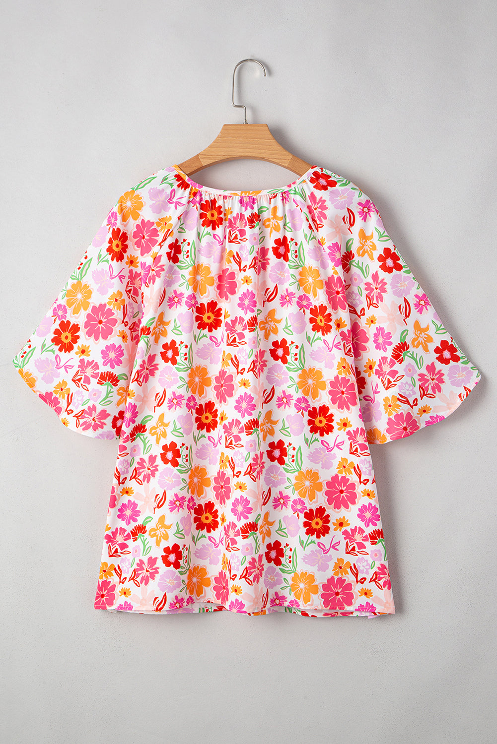 Floral Split V Neck Wide Short Sleeve Plus Size Blouse Top