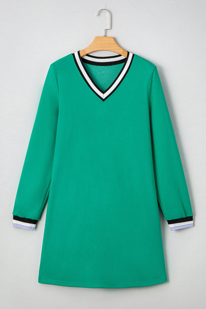 Varsity Contrast Striped V Neck Long Sleeve T Shirt Dress with Pockets