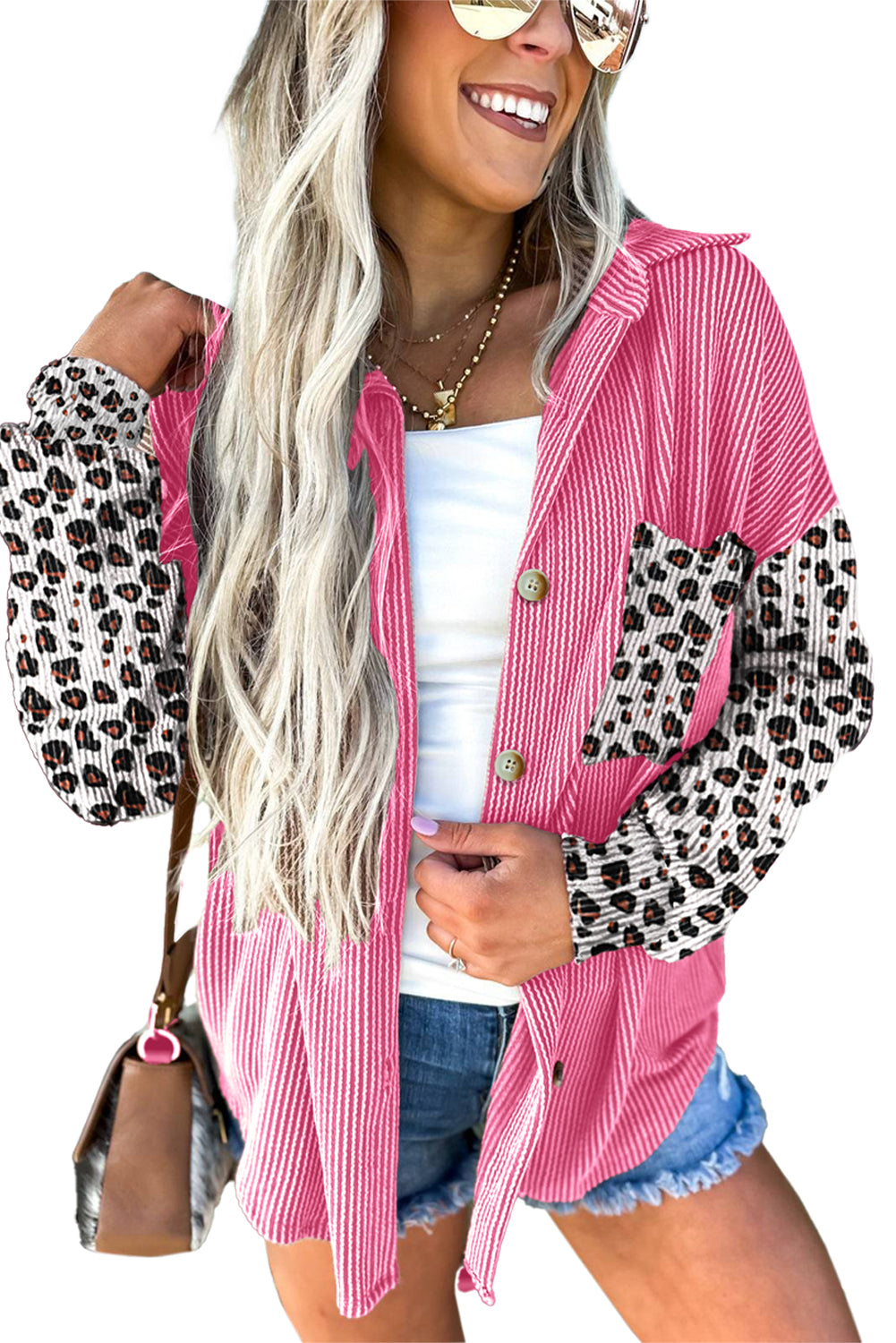 Leopard Patched Twisted Ribbed Western Casual Shacket