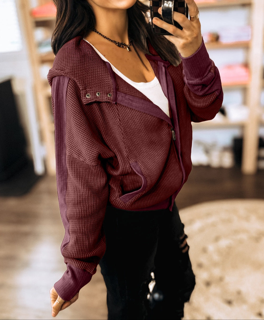 Splicing Zip Up Front Button Hooded Jacket
