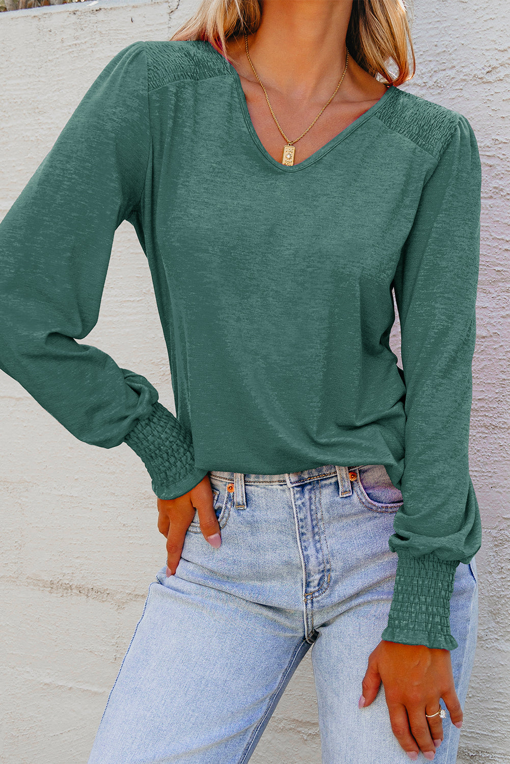 Shirred Shoulder Frilled Cuffs Long Sleeve Top