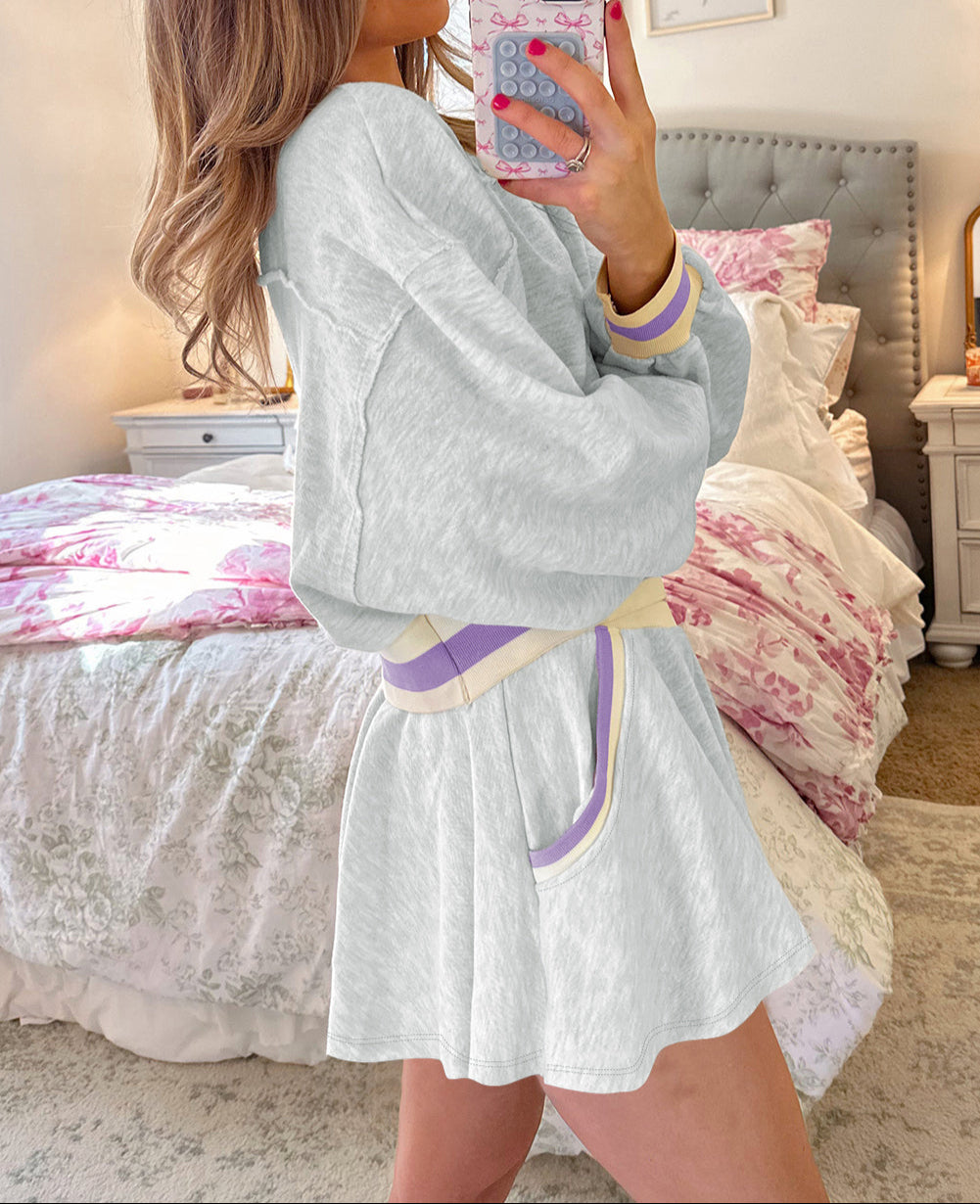 Contrast Striped Bands Cropped Pullover and Athletic Short Set