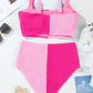 Pink Corded Colorblock Square Neck Bikini Swimsuit