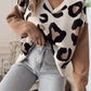 Leopard Print Color Block Patchwork Sleeve V Neck Sweater