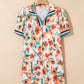 Contrast Trim Floral Split Neck Puff Short Sleeve Tiered Mini Dress