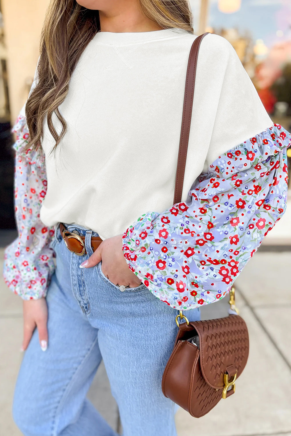 Floral Ruffled Balloon Sleeve Patchwork Loose Blouse