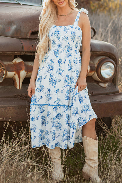 Floral Print Shirred Knot Shoulder Sleeveless Long Dress