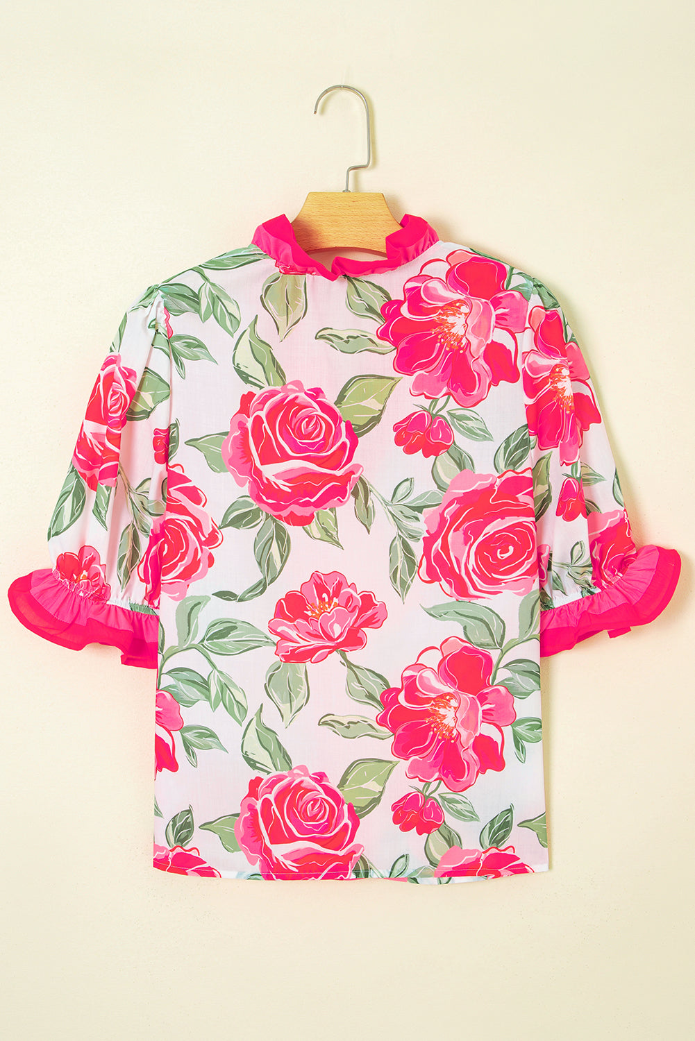 Floral Frilled V Neck Short Sleeve Blouse Top