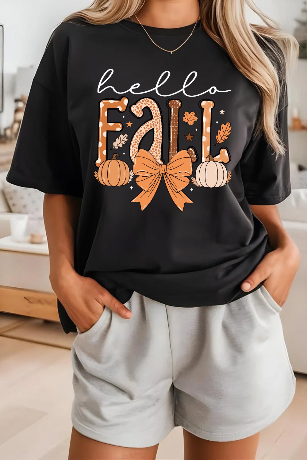 Hello Fall Thanksgiving Bow Pumpkin Graphic Tee