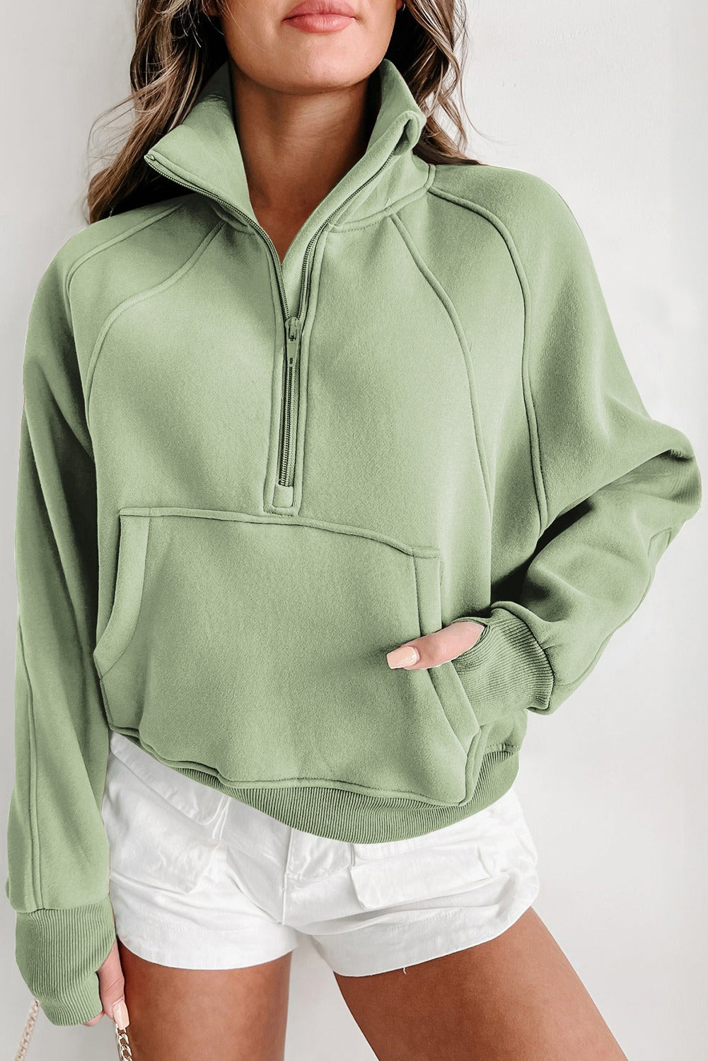 Zip Up Stand Collar Thumbhole Sleeve Sweatshirt