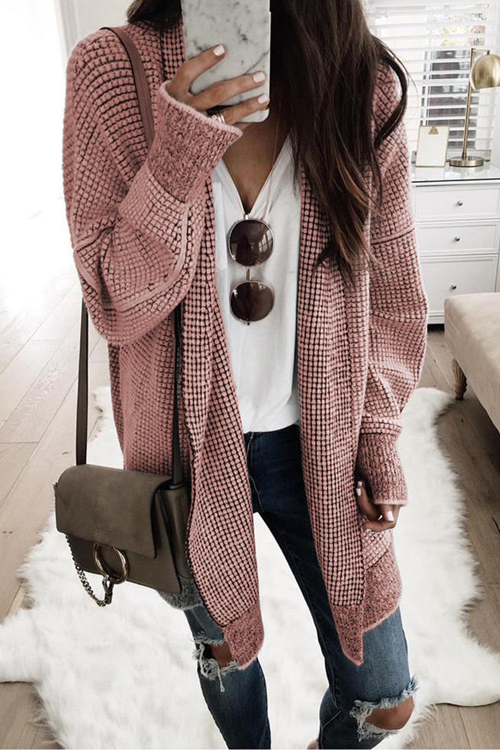 Plaid Knitted Long Open Front Cardigan