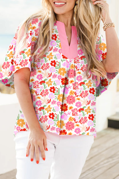 Floral Split V Neck Wide Short Sleeve Plus Size Blouse Top