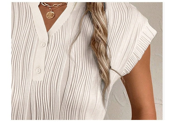Wavy Textured Button V Neck Tee