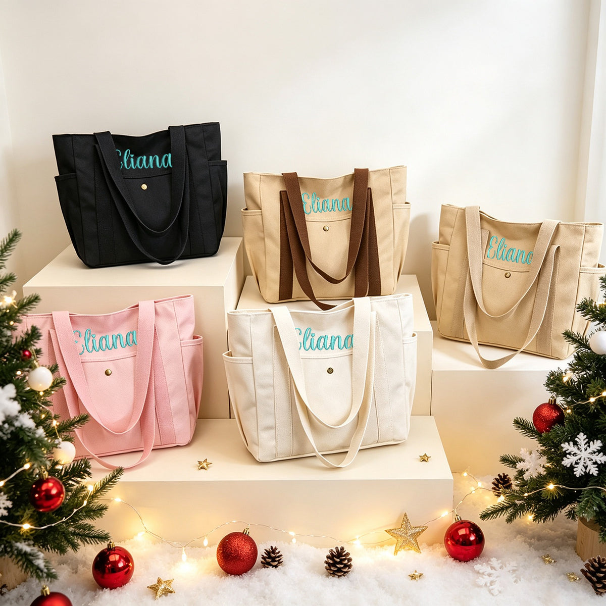 Custom Embroidered Canvas Pocket Tote Bag