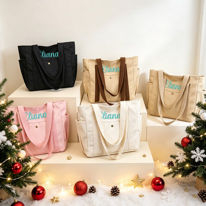 Custom Embroidered Canvas Pocket Tote Bag