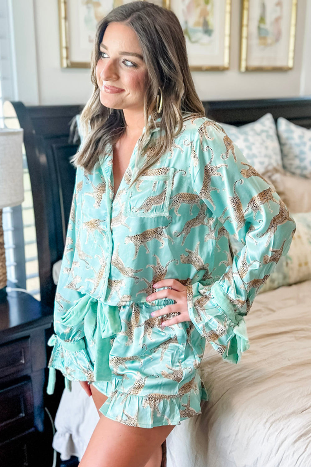 Leopard Satin Ruffle Pajama Set