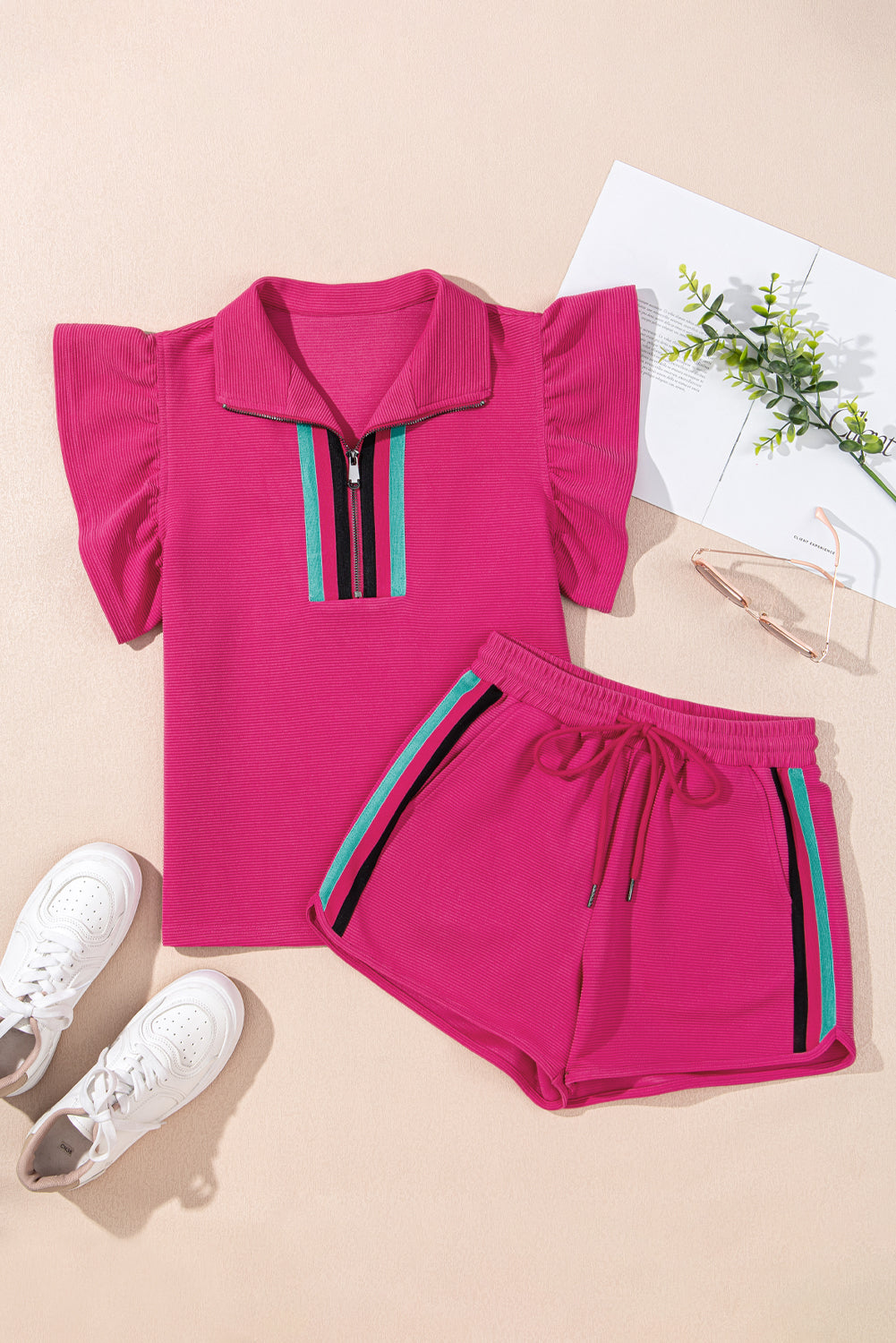 Striped Flutter Sleeve Zipped Collar Set