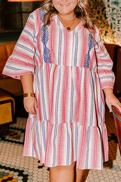 Plus Size Embroidered Detail Flared 3/4 Sleeve V Neck Dress