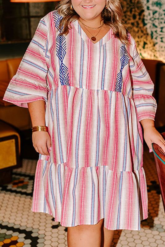 Plus Size Embroidered Detail Flared 3/4 Sleeve V Neck Dress