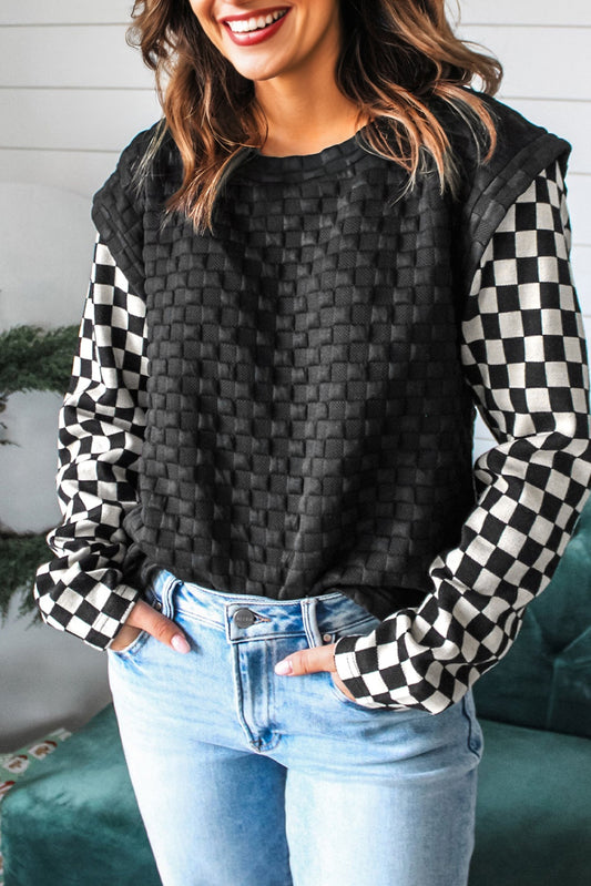 Plaid Textured Contrast Checkered Patchwork Long Sleeve
