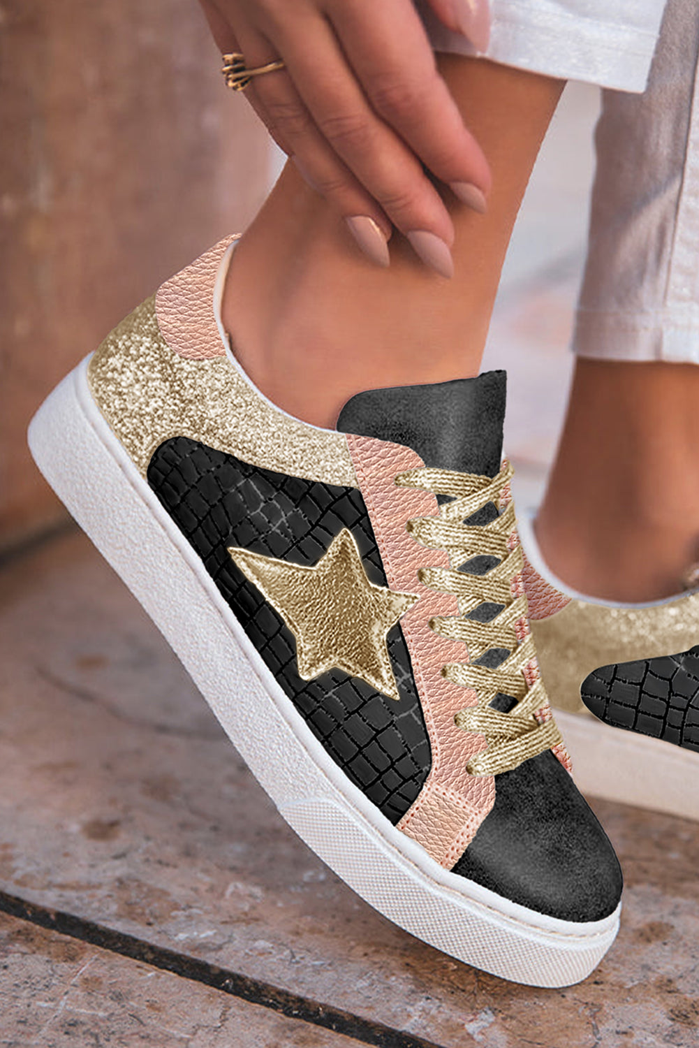 Star Patchwork Sequined Lace-up Sneakers