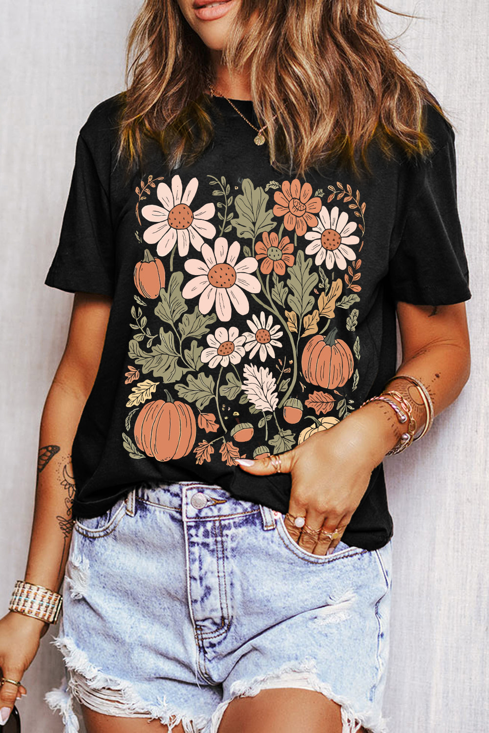 Wild Flower Pumpkin Print T Shirt